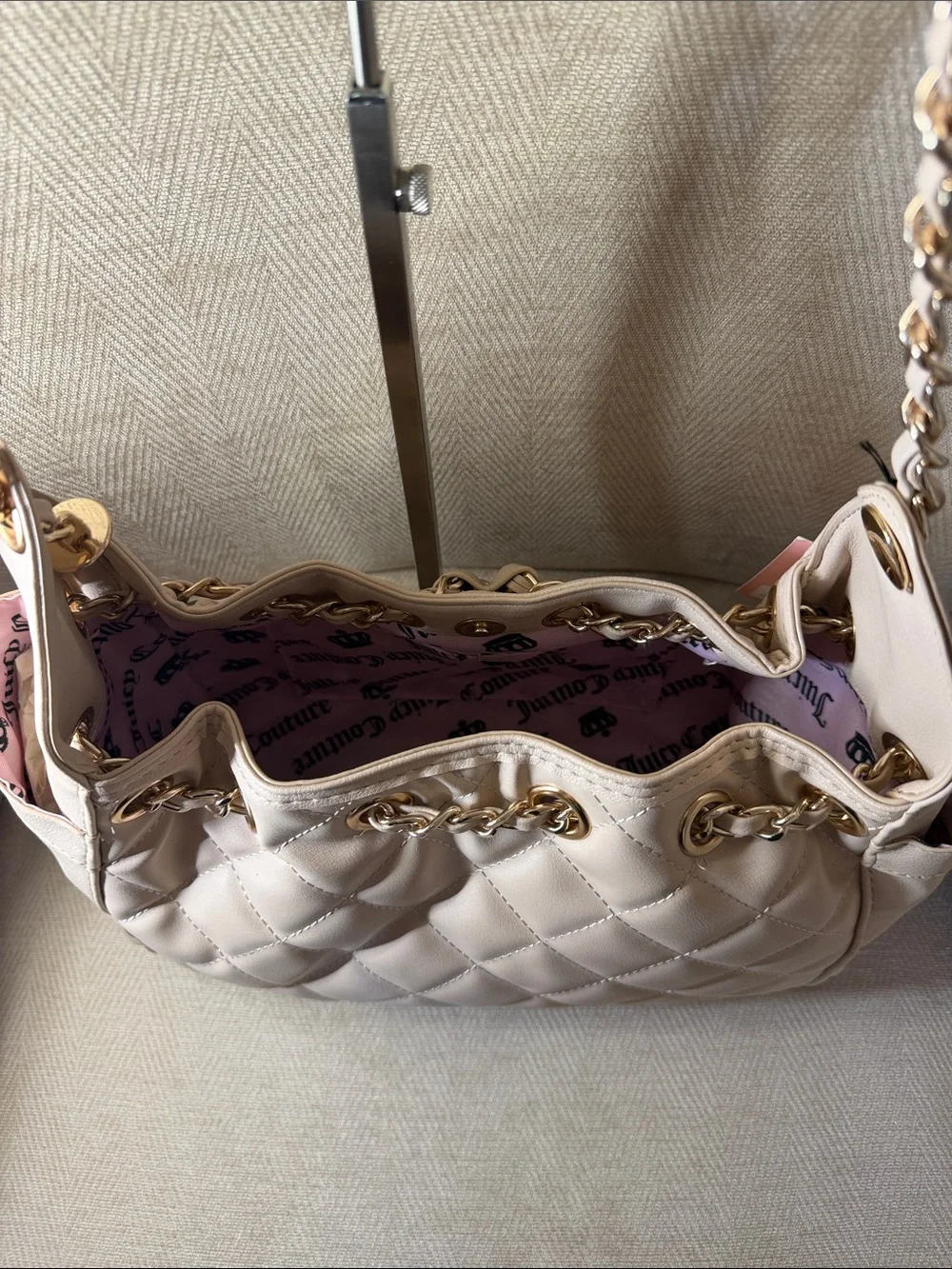 Juicy Couture Quilted Cream Shoulder Tote with Gold Chain
